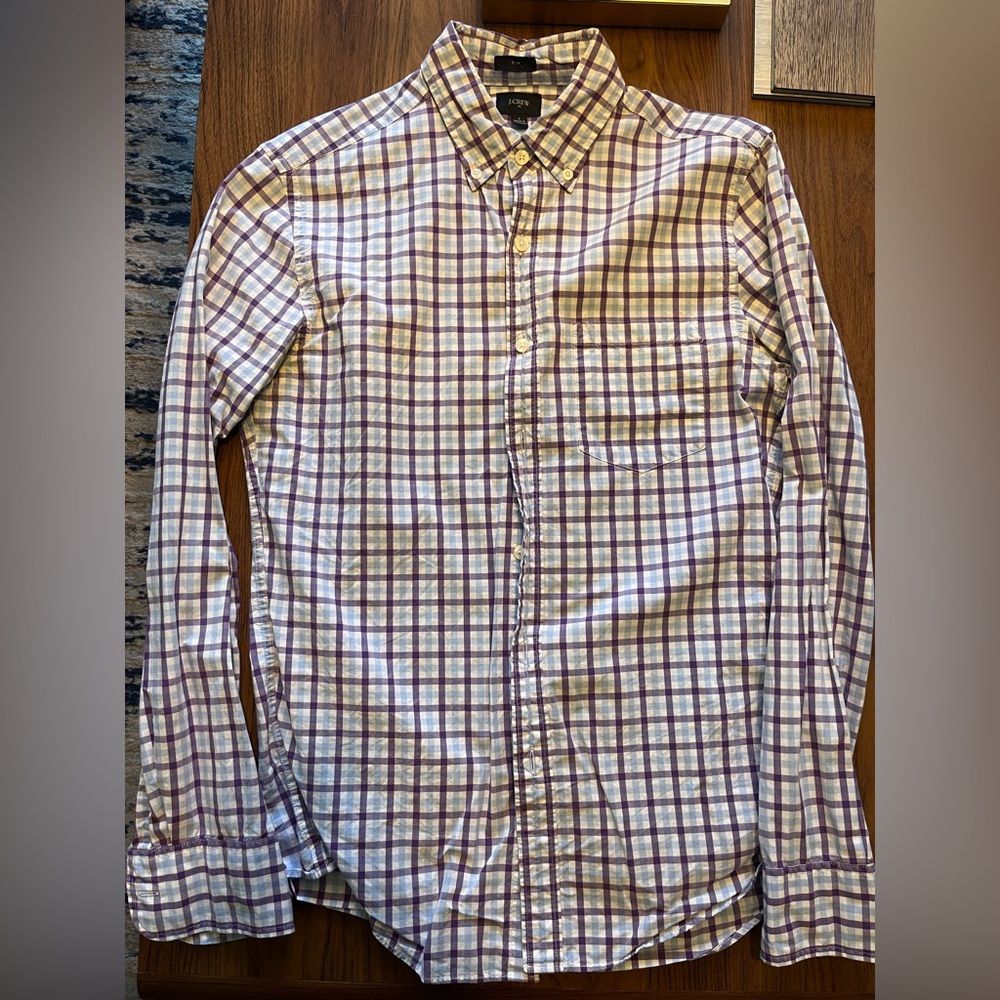 J. Crew Men's Plaid Shirt - Purple and White